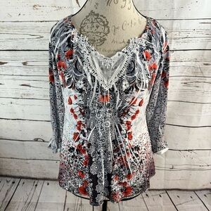 One World ¾ Sleeve Top with Lace Detail Red/White/Black/Gray PL